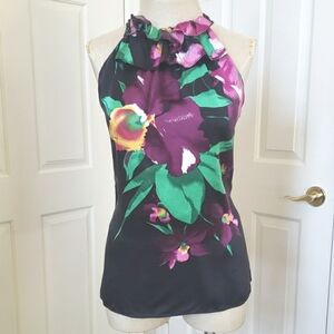 TAHARI silk floral halter top ruffle neckline plum jade fuschia | MEDIUM